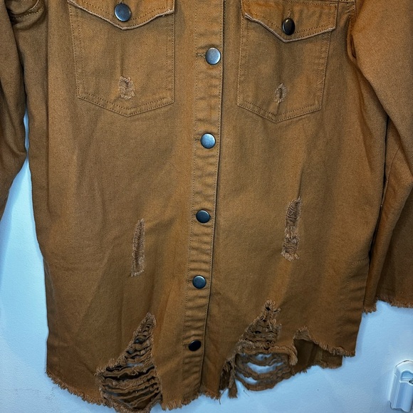 Women's Distressed Camel Denim Jacket - Picture 3 of 6